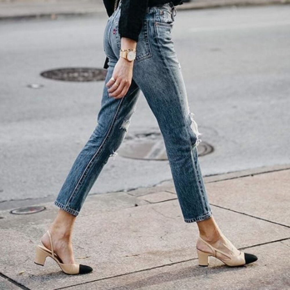 FOWT Beige Pointed Toe Pumps Chunky Mid Heel Slingback Sandals Party Office Shoe